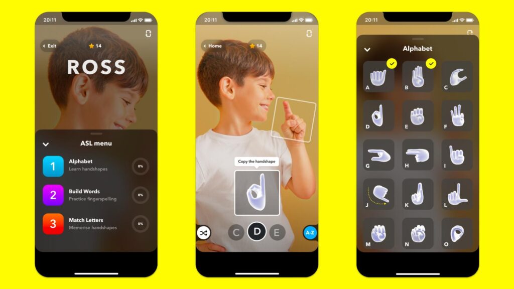 Screen caps of Snapchat's ASL Alphabet Learning Lens